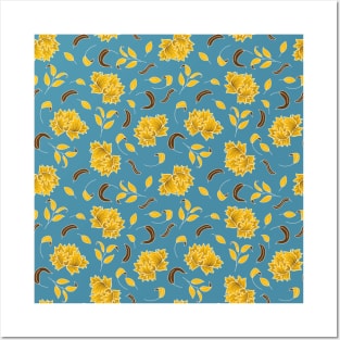 Yellow and Blue Vintage Flowers Posters and Art